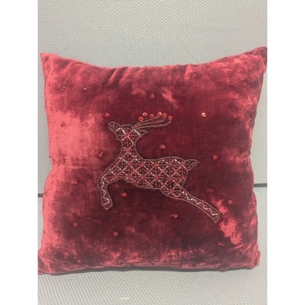 VTG Pottery Barn Red Velvet Christmas Reindeer Bead Sequin Throw Pillow Holiday